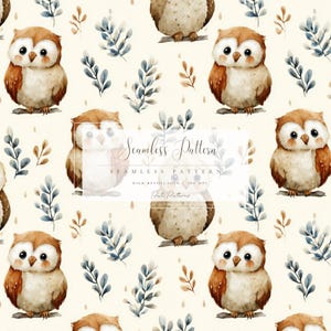 Op de afbeelding: Een naadloos patroon met aquarel illustraties van uilen, bladeren en takken in bruin, blauw en beige tinten. De tekst "Seamless Pattern" wordt in het midden weergegeven. Hoge resolutie, 300 DPI.