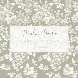Elegante estampado floral sin costuras en crema - Papel digital vintage con flores en relieve, papel pintado de porcelana beige, patrón clásico repetido JPG - Verde