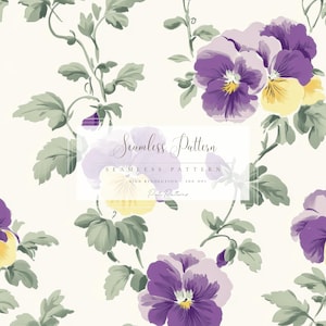 May include: Seamless pattern featuring purple and yellow pansies with green leaves and stems on a cream background. The text "Seamless Pattern" is displayed in a white rectangle. High resolution, 300 DPI.