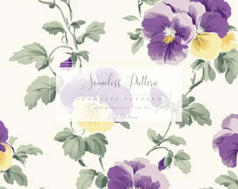 Watercolor Purple Pansy Seamless Pattern, Vintage Floral Digital Paper, Spring Flower Fabric Design, Botanical Wallpaper Background