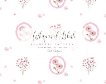 Blush Pink Floral Seamless Pattern - Romantic Watercolor Flowers & Frames - Pastel Digital Paper for Wedding, Baby Girl, Scrapbook - Floral