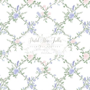 Op de afbeelding: Een naadloos patroon met een trellis-ontwerp, met pastelrozen en andere bloemen in roze, blauwe en paarse tinten. De tekst "Pastel Rose Trellis" wordt weergegeven. Het patroon staat tegen een witte achtergrond.