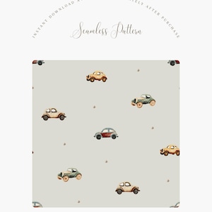 May include: A seamless pattern featuring watercolor illustrations of vintage cars in various colors, including beige, green, and red, scattered on a light gray background. The text "Seamless Pattern" is displayed. The image is high resolution.