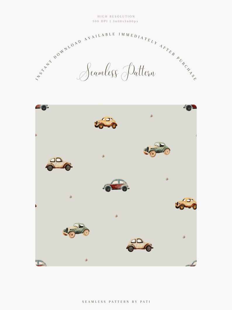 May include: A seamless pattern featuring watercolor illustrations of vintage cars in various colors, including beige, green, and red, scattered on a light gray background. The text "Seamless Pattern" is displayed. The image is high resolution.