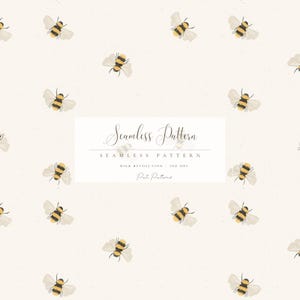 Può includere: Un motivo senza cuciture con illustrazioni ad acquerello di api. Le api hanno strisce gialle e nere e ali bianche, sparse su uno sfondo color crema. Il testo "Seamless Pattern" è visualizzato in un riquadro.