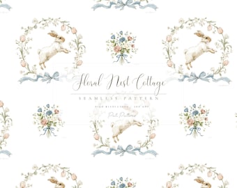 Vintage Floral Bunny Seamless Pattern, Pastel Rabbit & Cottage Flowers PNG,  Shabby Chic Nursery Fabric, Sublimation  Scrapbooking, Nursery