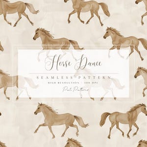 Puede incluir: Patrón sin costuras con ilustraciones en acuarela de caballos corriendo en tonos beige y marrón. El diseño incluye el texto "Horse Dance" y "Seamless Pattern" en un marco rectangular.