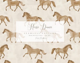 May include: A seamless pattern with watercolour illustrations of running horses in shades of tan and brown. The design includes the text "Horse Dance" and "Seamless Pattern" within a rectangular frame.