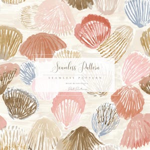 May include: A watercolour seamless pattern featuring seashell illustrations in pink, brown, gold, and blue. The design includes the text "Seamless Pattern" and "High Resolution".