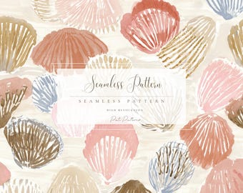 Seashell Watercolor Seamless Pattern PNG, Coastal Ocean Beach Design for Summer Kids Crafts, Fast Download, Commercial Use