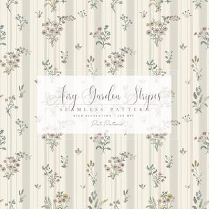 Könnte beinhalten: Nahtloses Blumenmuster mit cremefarbenen und hellgrünen vertikalen Streifen. Das Muster zeigt kleine Blütengruppen in Rosa, Lila und Gelb. Der Text "Airy Garden Stripes" ist in der Mitte zu sehen.