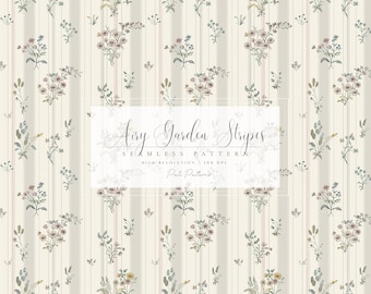 Striped Garden Blooms Seamless Pattern - Vintage Floral Digital Paper - Cottagecore Wallpaper Design - Instant Download PNG - Floral Paper