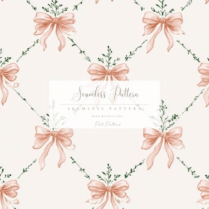 Könnte beinhalten: Nahtloses Muster mit pfirsichfarbenen Aquarellschleifen, grünen Zweigen und zarten Ranken auf cremefarbenem Hintergrund. Das sich wiederholende Design enthält den Text "Seamless Pattern" und "Pati Patterns".