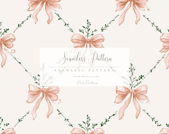 Pink Bow Lattice Seamless Pattern PNG, Elegant Ribbon Trellis, Nursery Wallpaper, Fast Download, Commercial Use