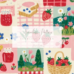 Könnte beinhalten: Ein nahtloses Musterdesign mit einem Patchwork aus Illustrationen. Das Design umfasst Bilder von Erdbeeren, Marmeladengläsern, Toast mit Blaubeeren, Blumen und einem Korb mit Erdbeeren. Die Farbpalette ist weich, mit Rosa-, Rot- und Grüntönen.