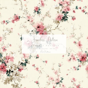 Könnte beinhalten: Ein nahtloses Blumenmuster mit rosa Blüten und zarten Zweigen auf cremefarbenem Hintergrund. Das Design enthält den Text "Seamless Pattern" in einem weißen Rechteck, mit Text, der hohe Auflösung und den Namen "Pate Patterns" angibt.