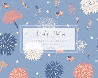 4th of July Fireworks Seamless Pattern PNG with Background, Fast Download, Commercial Use, Patriotic Holiday Digital Paper