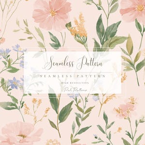May include: Watercolor floral seamless pattern featuring pink and peach flowers, green leaves, and small blue and yellow blossoms on a light pink background. The words "Seamless Pattern" are displayed in a white rectangle.