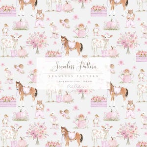 May include: A seamless pattern featuring watercolor illustrations of farm animals, pumpkins, flowers, and other elements in shades of pink and brown. The text "Seamless Pattern" is displayed in the center.