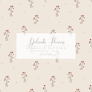 Puede incluir: Un patrón sin costuras con delicadas ramitas florales con flores rojas y pequeños puntos rojos sobre un fondo crema. El texto "Delicate Flowers" se muestra en un marco rectangular. El patrón está etiquetado como un patrón sin costuras de alta resolución.