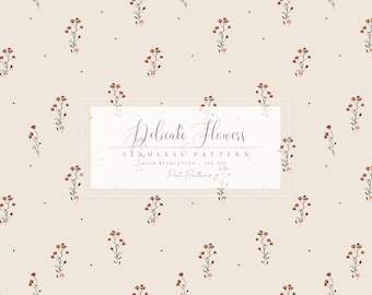 Wildflower Blush Seamless Pattern - Watercolor Cute Pattern with Red Flowers on Beige - Minimalist Vintage Digital Paper - Instant Download