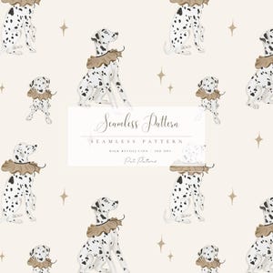 May include: Seamless pattern featuring Dalmatian dogs with brown ruffled collars. The dogs are white with black spots, set against a cream background with star accents. The text "Seamless Pattern" is displayed.