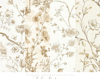 Chinoiserie Wildflower Seamless Patterns - Beige Vintage Floral Digital Papers - Toile de Jouy Style for Wallpaper & Fabric - Vintage Style