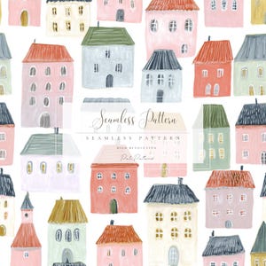 Puede incluir: Un patrón sin costuras con ilustraciones en acuarela de casas coloridas. Las casas tienen tejados de varios colores, incluyendo rojo, verde y azul, sobre un fondo blanco. El texto "Seamless Pattern" también es visible.