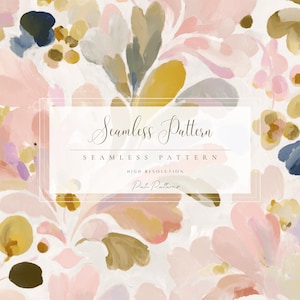 Puede incluir: Un diseño de patrón sin costuras con un tema floral en tonos pastel. El diseño incorpora pinceladas rosas, amarillas, azules y verdes. El texto "Seamless Pattern" se muestra en un marco rectangular.