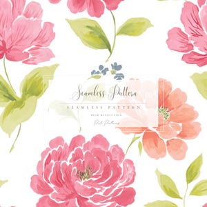 May include: Watercolor floral seamless pattern featuring large pink and coral flowers with green leaves on a white background. The design includes the text "Seamless Pattern" and "High Resolution".
