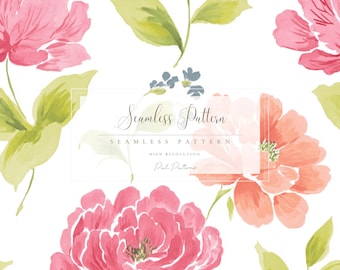 Pink and Coral Floral Seamless Pattern PNG, Fast Download, Commercial Use, Spring Flowers, Digital Paper for Crafts and Invitations