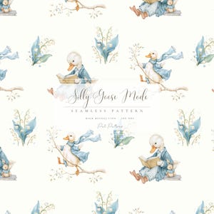 Watercolor Silly Goose Seamless Pattern, Whimsical Goose Digital Paper, Nursery Reading Duck PNG, Soft Pastel Goose Pattern
