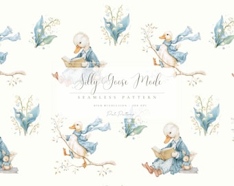 Watercolor Silly Goose Seamless Pattern, Whimsical Goose Digital Paper, Nursery Reading Duck PNG, Soft Pastel Goose Pattern