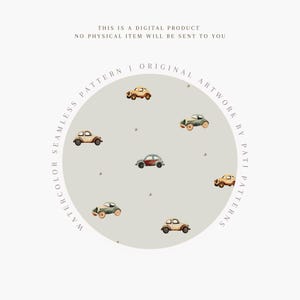 May include: Watercolor seamless pattern featuring vintage cars in various colors, including beige, green, and red, scattered on a light gray background. The design includes text that reads "Watercolor Seamless Pattern | Original Artwork by Pati Patterns".