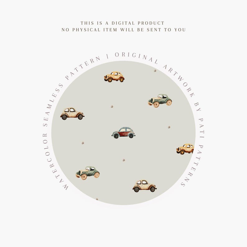 May include: Watercolor seamless pattern featuring vintage cars in various colors, including beige, green, and red, scattered on a light gray background. The design includes text that reads "Watercolor Seamless Pattern | Original Artwork by Pati Patterns".