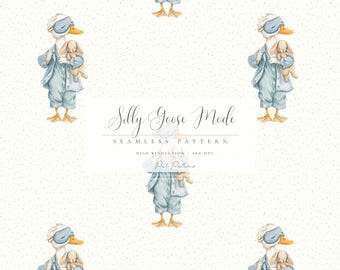 Watercolor Silly Goose Seamless Pattern, Cute Pajama Goose Digital Paper, Nursery Goose Pattern PNG, Whimsical Baby Animal Design, Farm PNG