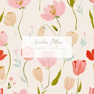 May include: A seamless pattern featuring watercolor-style flowers in shades of pink, peach, and red, with green leaves and stems on a cream background. The text "Seamless Pattern" is displayed in a rectangular frame.