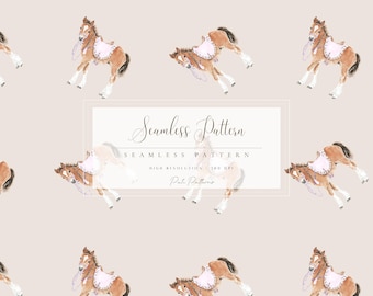Watercolor Horse Seamless Pattern, Pony Saddle Print, Watercolor Horse PNG, Baby Farm Animal Pattern, Girl Equestrian Design, Cute Pony PNG
