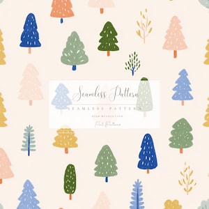 Puede incluir: Un patrón sin costuras con árboles estilizados de colores en tonos de azul, verde, naranja, rosa y amarillo sobre un fondo crema. El texto "Seamless Pattern" se muestra en un cuadro rectangular. El patrón está etiquetado como "High Resolution" y "Pati Patterns."