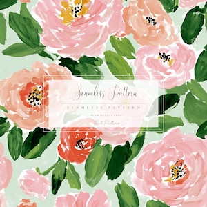 May include: A seamless floral pattern featuring large, painterly roses in shades of pink and peach, with green leaves on a light green background. The design includes the text "Seamless Pattern" and "High Resolution".