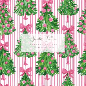 Puede incluir: Patrón sin costuras con árboles de Navidad de acuarela verdes adornados con bolas y lazos rosas sobre un fondo a rayas rosas y blancas. El texto "Seamless Pattern" es visible.