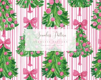 Pink Christmas Tree Seamless Pattern, Holiday Digital Paper, Watercolor Xmas Wrapping, Festive Scrapbook Background, Instant Download