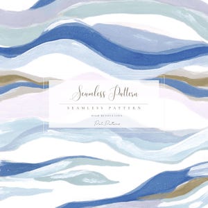 May include: Seamless pattern design with flowing, abstract watercolor waves in shades of blue, white, and gold. The text "Seamless Pattern" is displayed in a white rectangle, along with "High Resolution" and the name "Pati Patterns".