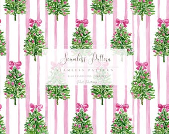 Pink Christmas Tree Seamless Pattern, Holiday Digital Paper, Watercolor Xmas Scrapbook, Festive Wrapping, Instant Download