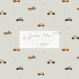 Könnte beinhalten: Nahtloses Muster mit Aquarellillustrationen von Oldtimern in verschiedenen Farben, darunter Grün, Gelb und Rot, auf hellgrauem Hintergrund. Der Text "Seamless Pattern" wird in einem rechteckigen Rahmen angezeigt.