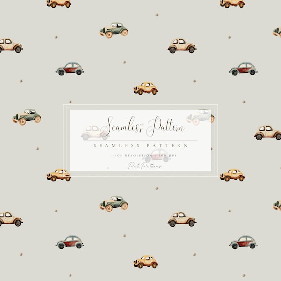 Vintage Car Seamless Pattern, Retro Watercolor Cars Digital Paper, Baby Boys Nursery Fabric Design, Kids Auto Printable,  Background, Cute