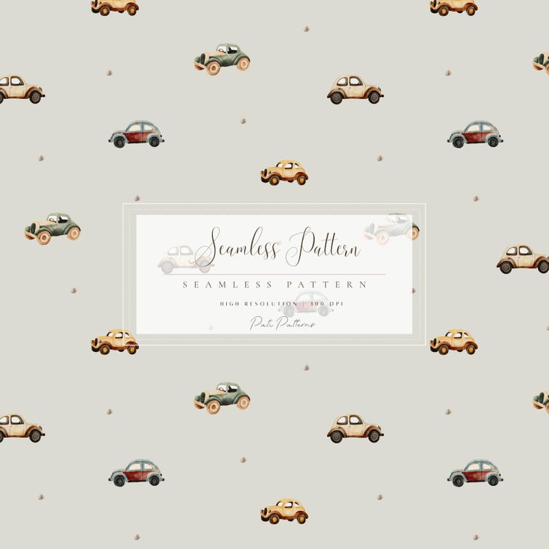 May include: Seamless pattern featuring watercolor illustrations of vintage cars in various colors, including green, yellow, and red, scattered across a light gray background. The text "Seamless Pattern" is displayed in a rectangular frame.