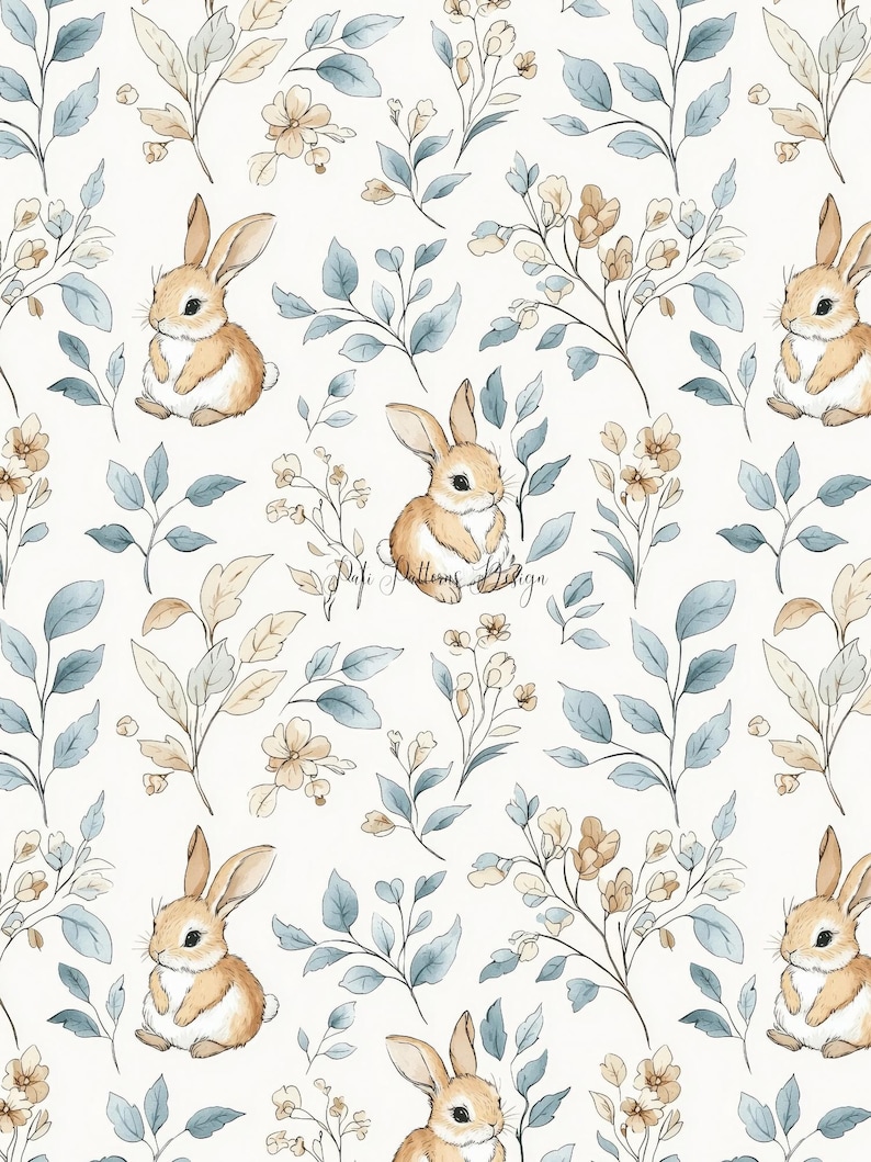 Watercolor Whimsical Bunny Seamless Pattern PNG With Background, Floral ...