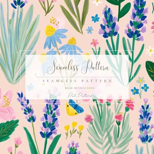 May include: A seamless floral pattern design featuring lavender, daisies, and other wildflowers in shades of purple, blue, pink, and yellow on a light pink background. The design includes a butterfly and the text "Seamless Pattern".