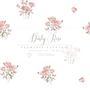 Peut inclure: Un motif sans couture avec des illustrations à l'aquarelle de bouquets de roses roses poudré et de roses individuelles sur fond blanc. Le texte "Dusty Rose" et "Seamless Pattern" est également présent.